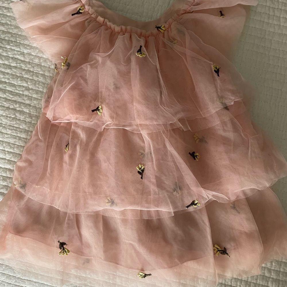 Pink Tiered Dress with Bee Embroidery